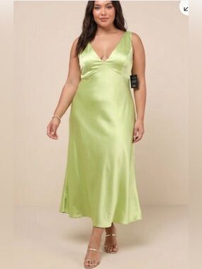 Lulu's Incredible Love Lime Green Satin Cowl Back Midi Dress - XL